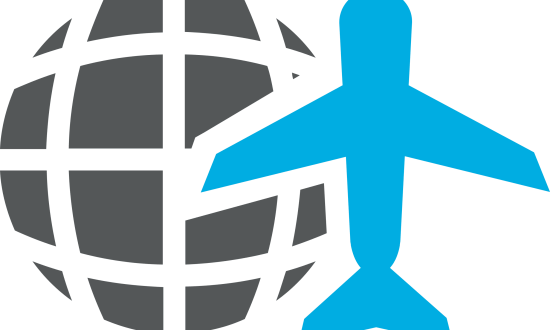 Globe with an airplane icon representing global logistics and supply chain management solutions by Smith Transport Solutions.