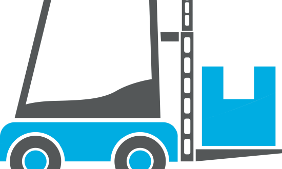 Forklift with a blue and gray design lifting a cargo box, representing logistics and supply chain management services.